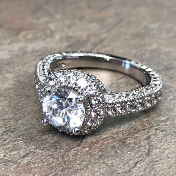 14K White Gold Diamond Encrusted Round Halo Engagement Ring